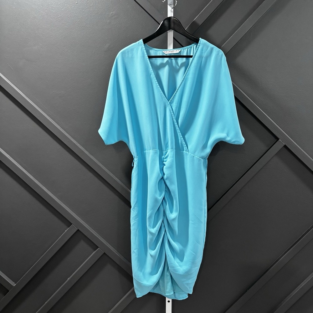 Trina Turk Turquoise Blue Ruched Faux Wrap Dress Womens Size 10 V Neck
